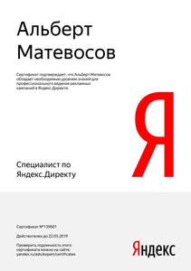 Сертификат по ЯндексДирект - Матевосов Альберт